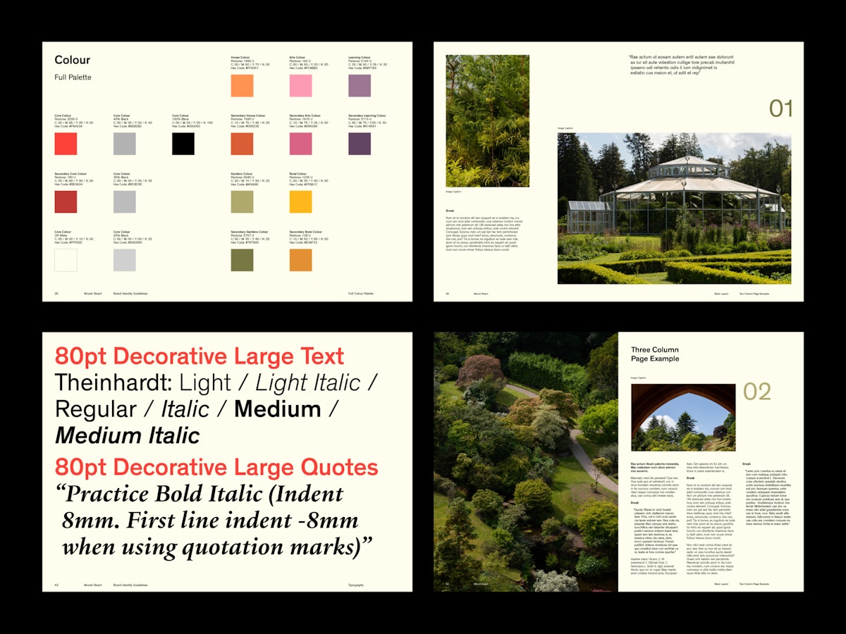 Grid of four of Mount Stuarts identity guidelines.