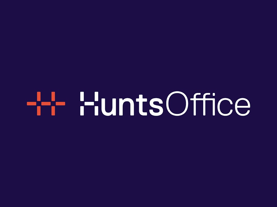Logo that reads "Hunts Office" in white type on a blue background.