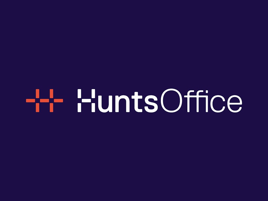 Logo that reads "Hunts Office" in white type on a blue background.