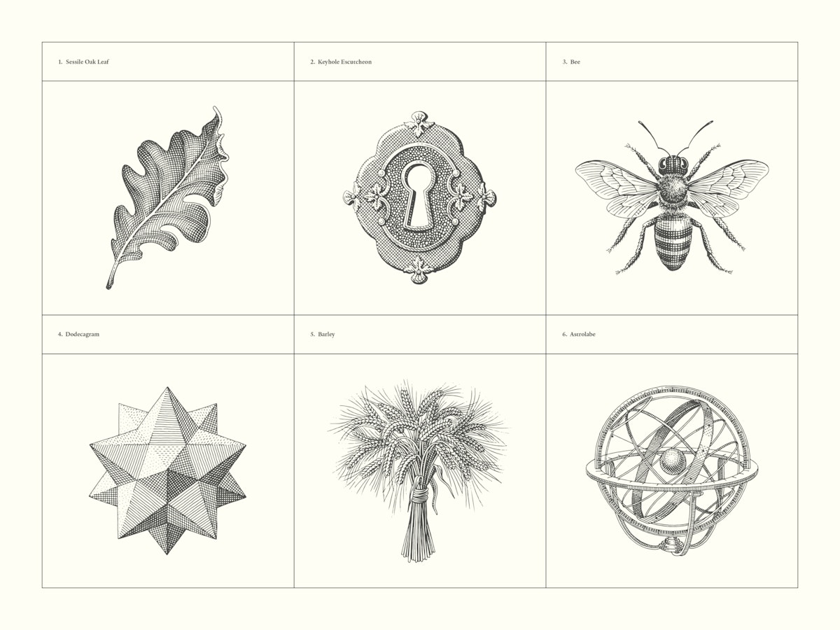 Black illustrations on a cream background. Each is of a different symbol related to Mount Stuart.