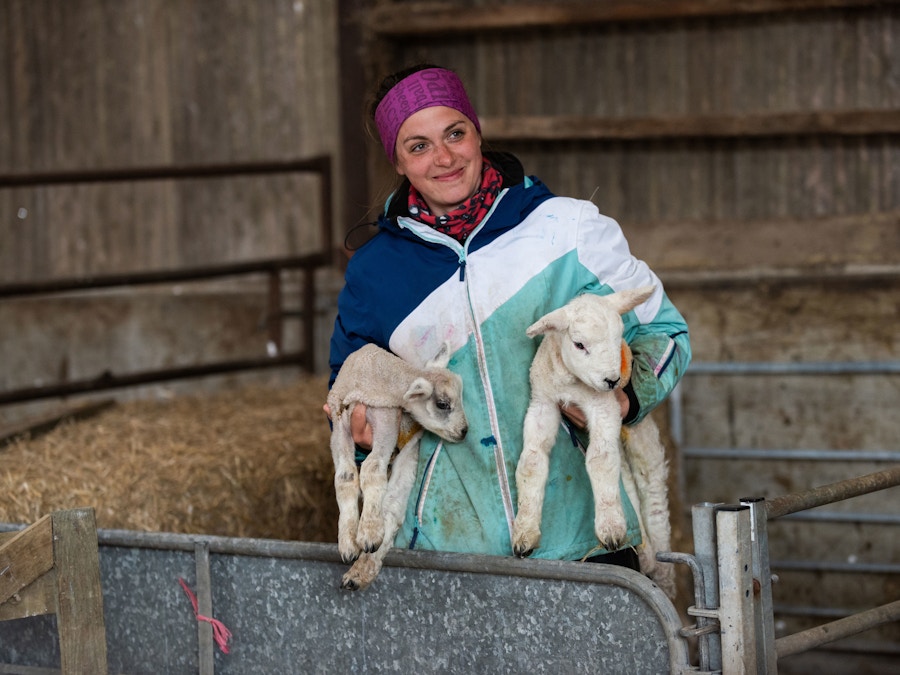 A woman holding a lamb in each hand.
