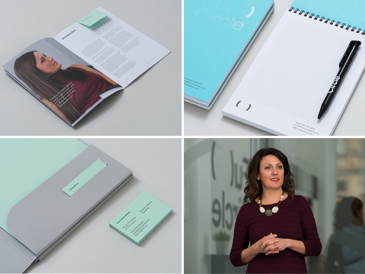 Grid of four. Three of four show stationery whilst the fourth shows a woman standing talking to a room.