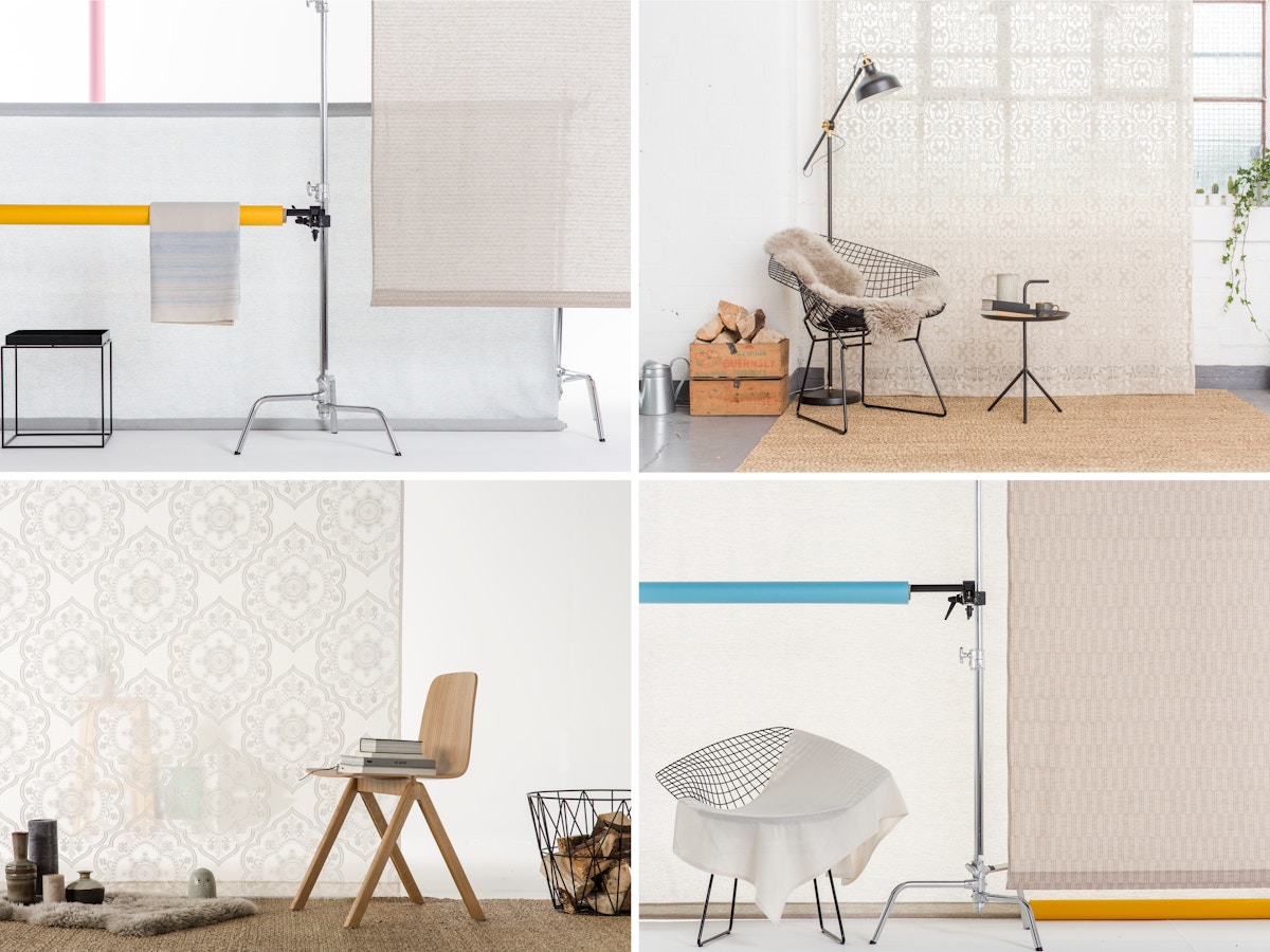 A grid of four that shows different set ups of furniture mixed with lace fabric.